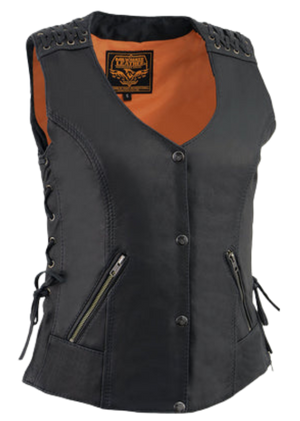 Updated V-neck style&nbsp; ladies leather with woven/lace shoulders and lower back motorcycle riding vest.&nbsp; Made from lighter weight Goatskin and contains conceal carry pockets, and 2 zippered small pockets on front sides. It has mostly 1 panel pack and snap front closure.&nbsp; Available for purchase in our leather shop in Smyrna, TN, near Nashville.&nbsp; Available in sizes small to 5x.