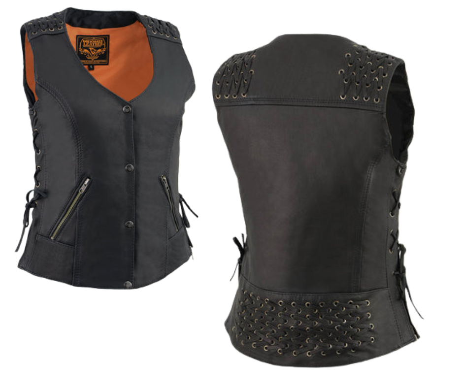 Updated V-neck style&nbsp; ladies leather with woven/lace shoulders and lower back motorcycle riding vest.&nbsp; Made from lighter weight Goatskin and contains conceal carry pockets, and 2 zippered small pockets on front sides. It has mostly 1 panel pack and snap front closure.&nbsp; Available for purchase in our leather shop in Smyrna, TN, near Nashville.&nbsp; Available in sizes small to 5x.