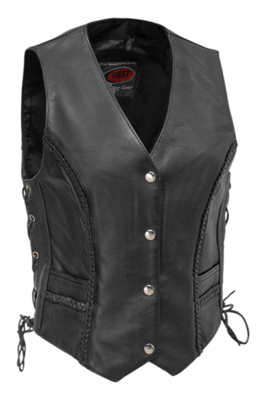 Ladies V-neck style vest with Braided accents on the front and back. Soft cowhide leather vest with v-neck and snap front closure. It has solid sides and 2 outside front pockets. It has multi paneled back and side laces.&nbsp; Available for purchase in our shop in Smyrna, TN, just outside Nashville.&nbsp; Available in sizes XS-5X.