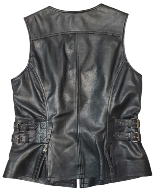 This super soft Lambskin ladies' vest features zippered pockets, V-neck design, and buckle detailing on the sides for a comfortable look. The 3 panel back, lower back zippered gussets, and zipperd front closure add to the practicality of this vest.&nbsp; Visit our leather shop in Smyrna, TN, near Nashville, and choose from sizes small to 5x.  Includes inside Carry conceal pockets, 3 zippered outside pockets  3 panel back with lower gussets for extra comfort