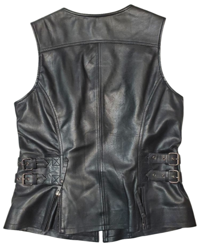 This super soft Lambskin ladies' vest features zippered pockets, V-neck design, and buckle detailing on the sides for a comfortable look. The 3 panel back, lower back zippered gussets, and zipperd front closure add to the practicality of this vest.&nbsp; Visit our leather shop in Smyrna, TN, near Nashville, and choose from sizes small to 5x.  Includes inside Carry conceal pockets, 3 zippered outside pockets  3 panel back with lower gussets for extra comfort