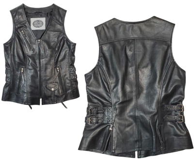 This super soft Lambskin ladies' vest features zippered pockets, V-neck design, and buckle detailing on the sides for a comfortable look. The 3 panel back, lower back zippered gussets, and zipperd front closure add to the practicality of this vest.&nbsp; Visit our leather shop in Smyrna, TN, near Nashville, and choose from sizes small to 5x.  Includes inside Carry conceal pockets, 3 zippered outside pockets  3 panel back with lower gussets for extra comfort