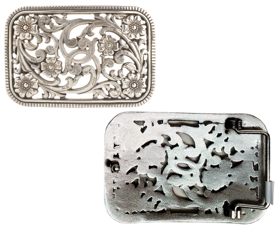 Get the perfect blend of Western and non-Western style with this Antique Silver buckle featuring a Filigreed Vine and Flower scroll design. The rectangular shape with rounded edges and rope design border adds a unique touch to any outfit. It's 3" tall by 4" wide, fitting belts up to 1 1/2" wide. Find it at our retail shop in Smyrna, TN or conveniently purchase it online. Imported