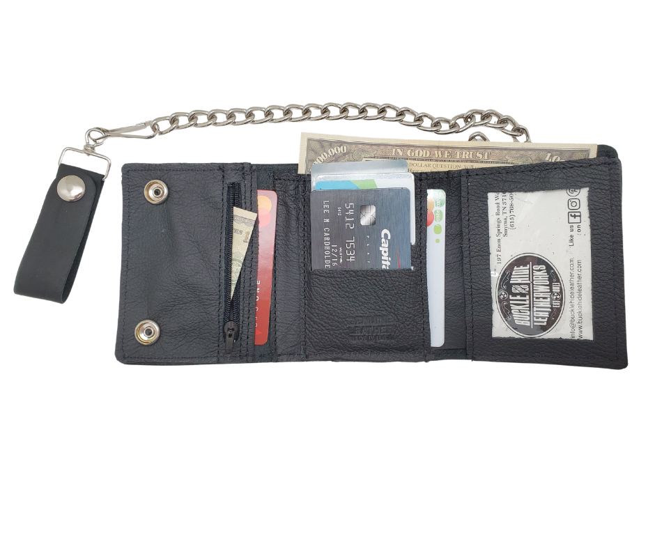 Our Bar Hopper Chain wallet is just the right amount of wallet for your night out riding your bike. It's Made in USA in a popular Tri-fold style with I.D. holder, 4 card slots in center section with a under pocket, zippered pocket also with a under pocket and a Main cash compartment. A&nbsp;12" chain keeps it's secure in a compact folded size 3 1/2" x 4 1/2" open 10 1/2" x 3 1/2". Pick yours up at our Smyrna, Tn shop not far from Murfreesboro.