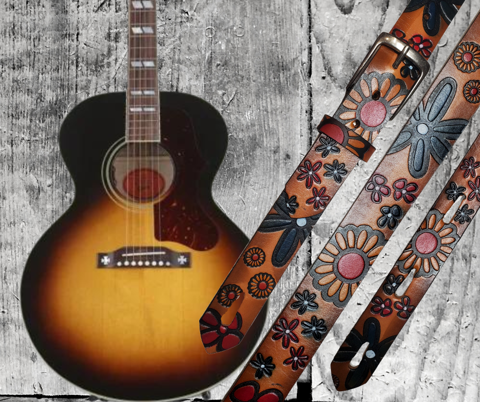 Great Musicians, Singers and great songs about Flowers have been a staple for years in Nashville. This Guitar Strap is a nod to those great Musicians influence! The 1 1/2" main Body of the strap is approx. 1/8" thick with a Embossed design Veg-Tan Leather Strap.  Made in the USA and stocked in our Smyrna, TN shop. It will need a bit of time to "break in" but will get a great patina over time. 