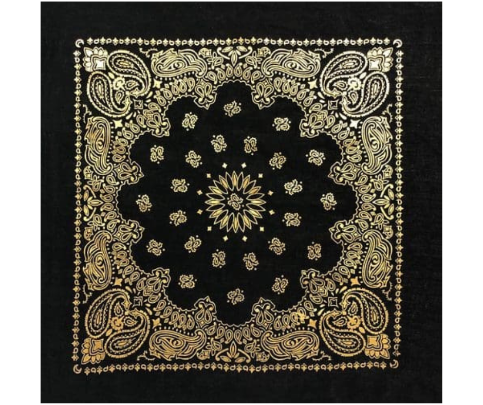 Metallic Paisleys are an updated look to the traditional bandana. Same pattern style just with gold metallic foil making the paisley pattern. Imported (One Sided Print Only) in 22"x 22". Bandanas have been around for over 75 years and are still a staple in culture whether it's a farmer, an MC, or a Rock star.