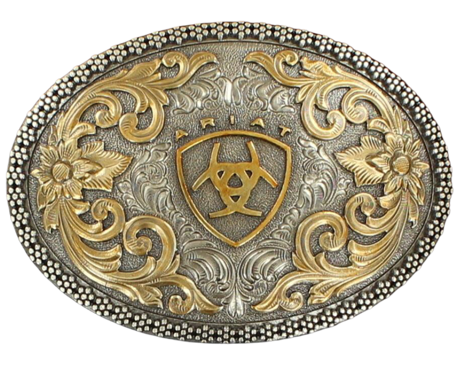 This beautiful oval buckle from Ariat features an ornate edge and an Antique and Brass colored Western scroll design surrounding the iconic Ariat logo. It's 3" tall by 4" wide and can fit belts up to 1 1/2" wide. You can find it at our retail shop in Smyrna, TN, near Nashville, or purchase it from our online store.