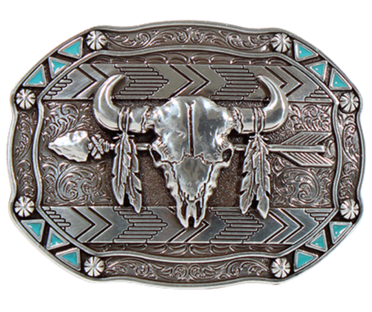 This belt buckle takes inspiration from the Lakota people, known for their buffalo hunting practices. It features an oval shape with small turquoise triangles and berry shapes along the border. In antique silver, it showcases a buffalo skull, feathers, and an arrow in the center. Measuring approximately 3" tall by 4" wide, it can fit belts up to 1 1/2" wide. You can find it in our retail shop in Smyrna, TN, near Nashville, or on our online store.