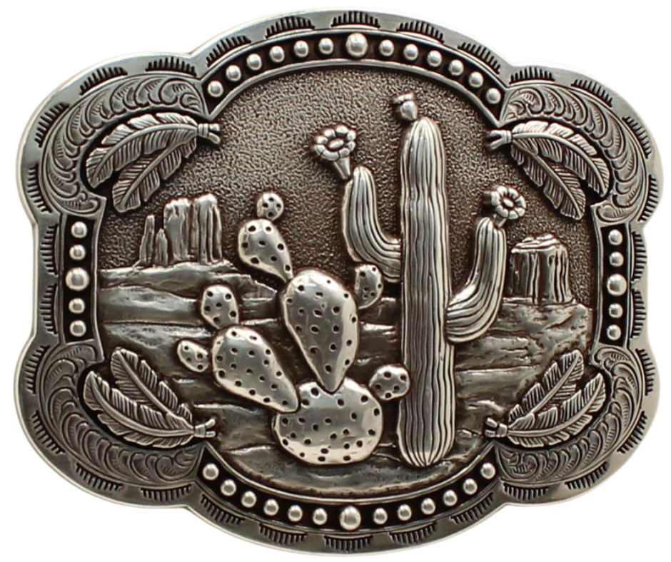 Take a trip to the desert with our "Strawflower Feathers" Belt Buckle! Featuring a design of cacti, mesas, and feathers, this antique silver-colored piece measures 3" tall by 4" wide and can fit belts up to 1 1/2" wide. You can purchase it both in our retail shop located in Smyrna, TN near Nashville and online.