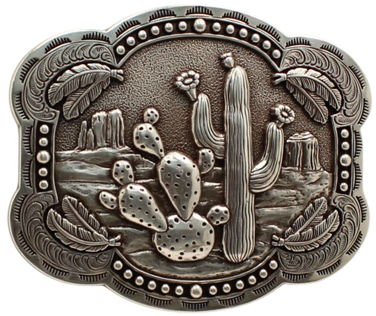 Take a trip to the desert with our "Strawflower Feathers" Belt Buckle! Featuring a design of cacti, mesas, and feathers, this antique silver-colored piece measures 3" tall by 4" wide and can fit belts up to 1 1/2" wide. You can purchase it both in our retail shop located in Smyrna, TN near Nashville and online.