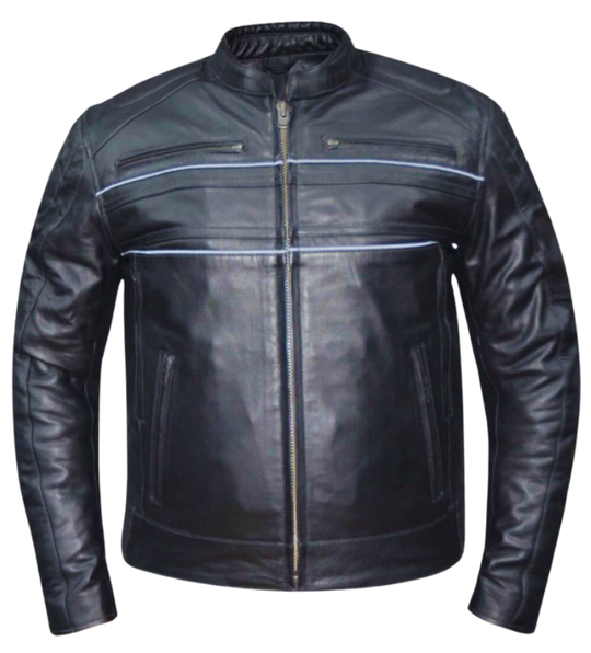 This Motorcycle jacket is made from top-quality cowhide leather and features a sleek European style collar. It also has a simple, clean appearance with 2 Relective stripes and two outside pockets, zippered vents, and two inside concealed carry pockets. The silver hardware adds a touch of style. The jacket also comes with a full sleeve zip out liner and is available in sizes from S to 5XL. You can find this jacket in stock at our Smyrna, TN shop, only 30 minutes away from downtown Nashville.