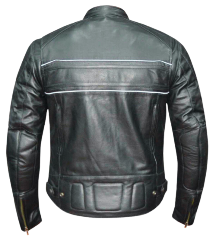 This Motorcycle jacket is made from top-quality cowhide leather and features a sleek European style collar. It also has a simple, clean appearance with 2 Relective stripes and two outside pockets, zippered vents, and two inside concealed carry pockets. The silver hardware adds a touch of style. The jacket also comes with a full sleeve zip out liner and is available in sizes from S to 5XL. You can find this jacket in stock at our Smyrna, TN shop, only 30 minutes away from downtown Nashville.