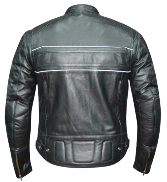 This Motorcycle jacket is made from top-quality cowhide leather and features a sleek European style collar. It also has a simple, clean appearance with 2 Relective stripes and two outside pockets, zippered vents, and two inside concealed carry pockets. The silver hardware adds a touch of style. The jacket also comes with a full sleeve zip out liner and is available in sizes from S to 5XL. You can find this jacket in stock at our Smyrna, TN shop, only 30 minutes away from downtown Nashville.