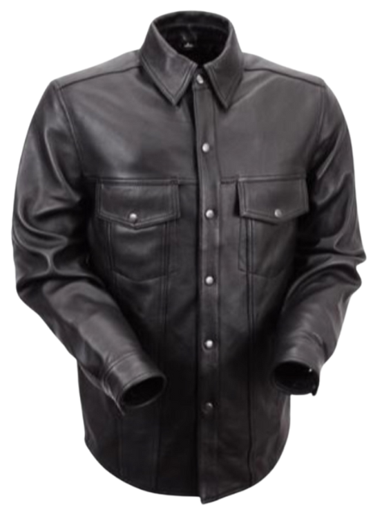 The Milesone Leather Riding shirt will give you that edgy look on your motorcycle or at your favorite burger joint The Milestone gets you there. Naked Goat Skin, Black snaps, 4 outside pockets, 2 inside concealed carry pockets. Snap down collar and Lined. One of our staples at our Smyrna, Tn shop for years now!&nbsp;Sizes S-5XL.