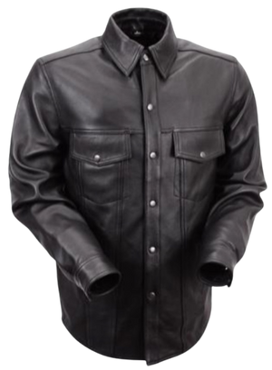 The Milesone Leather Riding shirt will give you that edgy look on your motorcycle or at your favorite burger joint The Milestone gets you there. Naked Goat Skin, Black snaps, 4 outside pockets, 2 inside concealed carry pockets. Snap down collar and Lined. One of our staples at our Smyrna, Tn shop for years now!&nbsp;Sizes S-5XL.