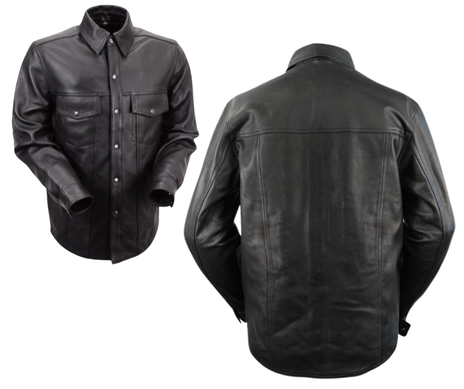 The Milesone Leather Riding shirt will give you that edgy look on your motorcycle or at your favorite burger joint The Milestone gets you there. Naked Goat Skin, Black snaps, 4 outside pockets, 2 inside concealed carry pockets. Snap down collar and Lined. One of our staples at our Smyrna, Tn shop for years now!&nbsp;Sizes S-5XL.