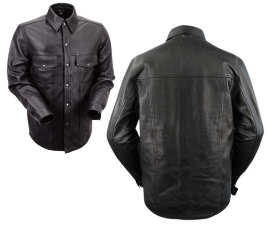 The Milesone Leather Riding shirt will give you that edgy look on your motorcycle or at your favorite burger joint The Milestone gets you there. Naked Goat Skin, Black snaps, 4 outside pockets, 2 inside concealed carry pockets. Snap down collar and Lined. One of our staples at our Smyrna, Tn shop for years now!&nbsp;Sizes S-5XL.