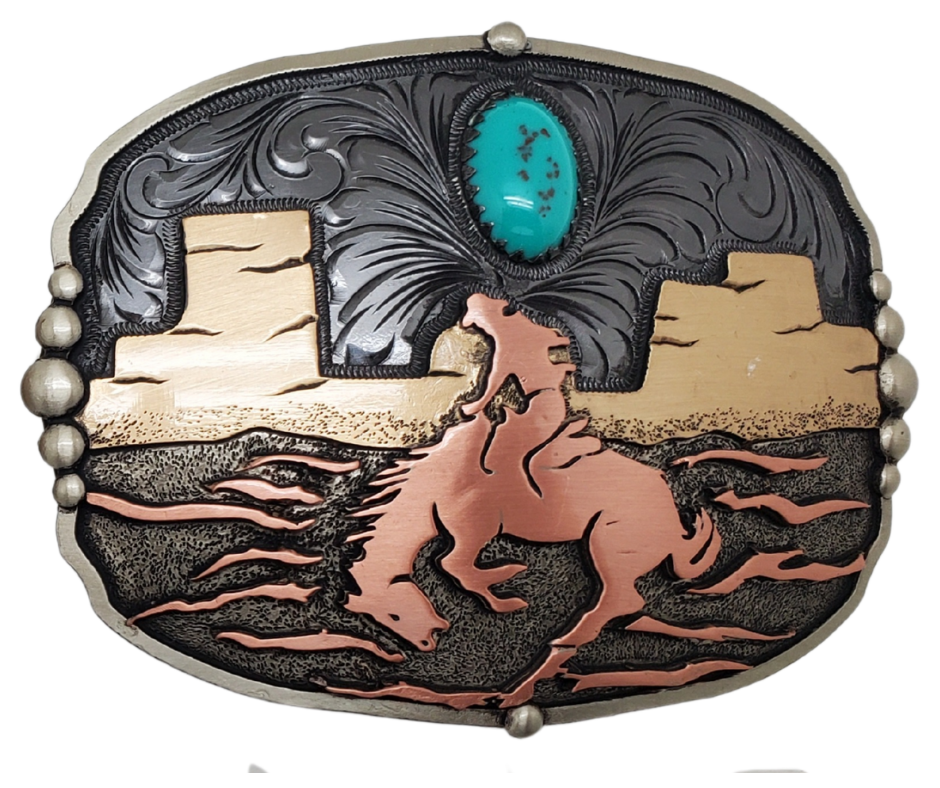 The Midnight Rider buckle is handmade from German Silver (nickel and brass alloy) or iron metal base. Our products are all handcrafted. In order to give you the quality and long lasting final product we also plate each piece with copper, nickel and silver. Available at our Smyrna, TN shop just outside of Nashville. Made in Mexico by talented metal workers.