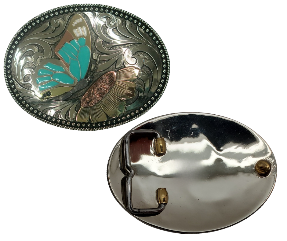 The Monarch belt buckle is made from German Silver(nickel and brass alloy)or iron metal base. These buckles have motifs made of copper, iron or brass and some are adorned with synthetic stones. In order to give you the quality and long lasting final product. Available at our Smyrna, TN shop just outside of Nashville.