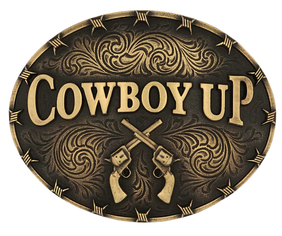 Saddle up with the Cowboy Up Attitude Buckle. This buckle features the words "Cowboy Up" with two crossed revolvers underneath. Unique barbed wire designs adorn the edge of the buckle with additional antiquing near the edge. Fits 1.5 inch belts. Find it online or at our shop just outside Nashville in Smyrna, TN. By Montana Silversmith Approx. 4" x 3" Brass over white metal alloy. Protective coating.