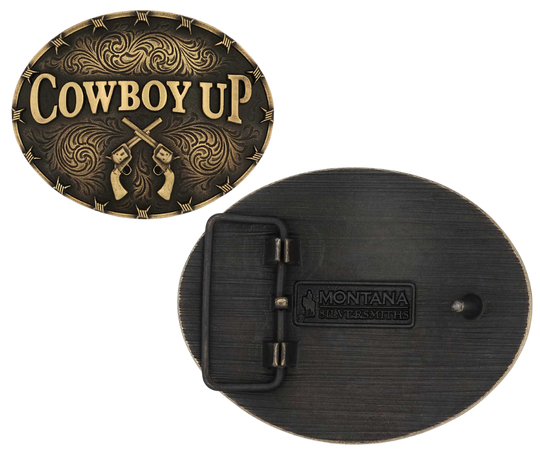 Saddle up with the Cowboy Up Attitude Buckle. This buckle features the words "Cowboy Up" with two crossed revolvers underneath. Unique barbed wire designs adorn the edge of the buckle with additional antiquing near the edge. Fits 1.5 inch belts. Find it online or at our shop just outside Nashville in Smyrna, TN. By Montana Silversmith Approx. 4" x 3" Brass over white metal alloy. Protective coating.