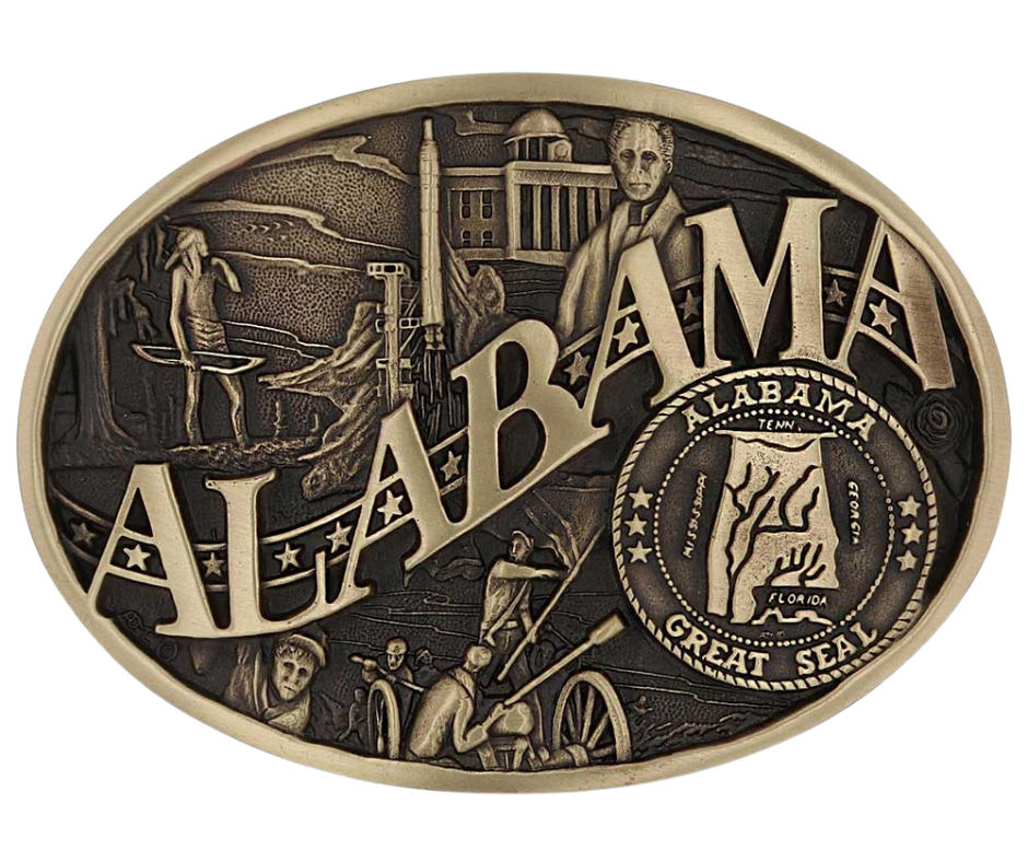 Antiqued brass colored Attitude buckle Alabama state and symbols. Standard 1.5 belt swivel. Available at our shop just outside Nashville in Smyrna, TN.