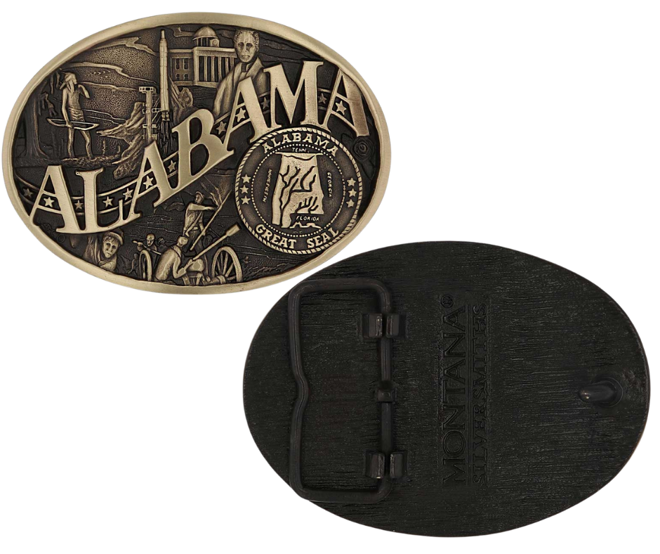 Antiqued brass colored Attitude buckle Alabama state and symbols. Standard 1.5 belt swivel. Available at our shop just outside Nashville in Smyrna, TN.