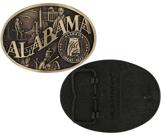 Antiqued brass colored Attitude buckle Alabama state and symbols. Standard 1.5 belt swivel. Available at our shop just outside Nashville in Smyrna, TN.