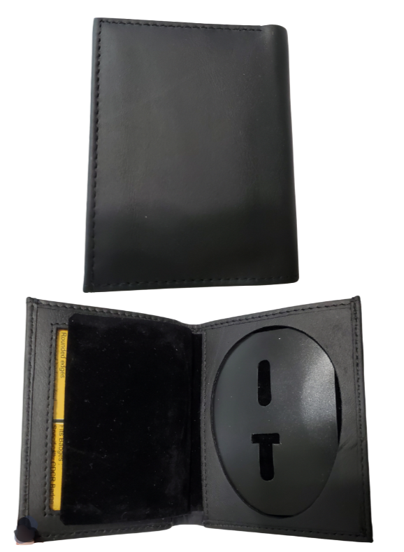 Black Leather Bifold Badge protector bifold. I.D. card slot, underside Badge pocket and 1 cash pocket. Fits most CDCR styles badges in a recessed badge shape. Imported, Great Value. In stock at our Smyrna, TN shop not far from Nashville.