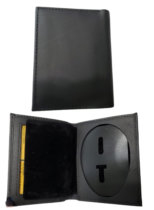 Black Leather Bifold Badge protector bifold. I.D. card slot, underside Badge pocket and 1 cash pocket. Fits most CDCR styles badges in a recessed badge shape. Imported, Great Value. In stock at our Smyrna, TN shop not far from Nashville.