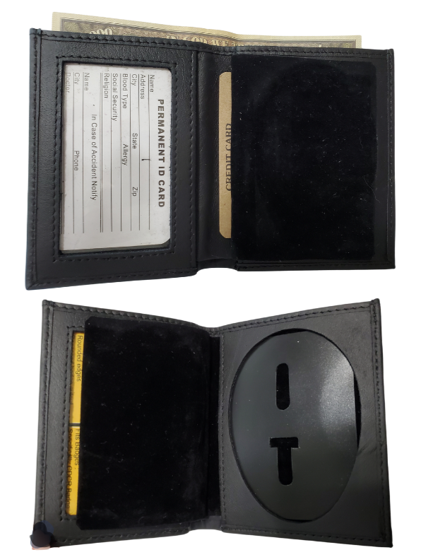 Black Leather Bifold Badge protector bifold. I.D. card slot, underside Badge pocket and 1 cash pocket. Fits most CDCR styles badges in a recessed badge shape. Imported, Great Value. In stock at our Smyrna, TN shop not far from Nashville.