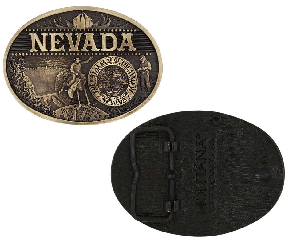 Antiqued brass colored Attitude buckle Nevada state and symbols. Standard 1.5 belt swivel. Available at our shop just outside Nashville in Smyrna, TN.