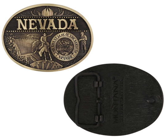 Antiqued brass colored Attitude buckle Nevada state and symbols. Standard 1.5 belt swivel. Available at our shop just outside Nashville in Smyrna, TN.