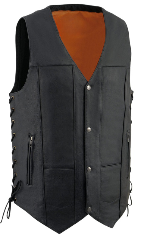 The "Top Biller" TALL 10 Pocket Riding Premium leather riding vest has a traditional style V-neck snap front closure. It has side lace, inside conceal carry pockets, 2 zippered pockets and 2 smaller on the lower front. The back is a solid panel.&nbsp; Available in our shop in Smyrna, TN, just outside Nashville in Sizes S-8X ...Call for sizing above 5X.&nbsp;Single panel back great for patches.