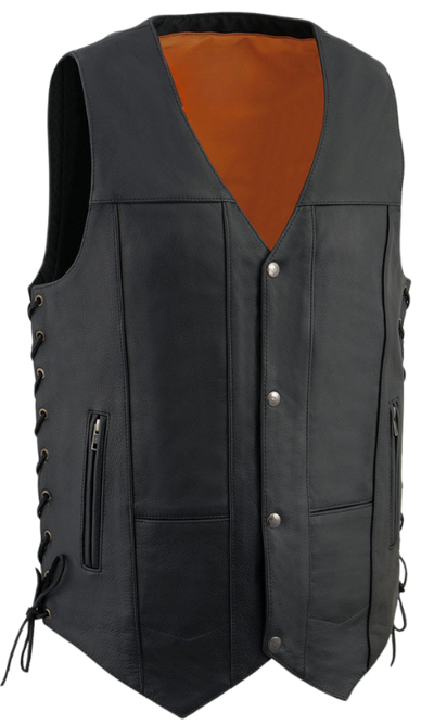 The "Top Biller" TALL 10 Pocket Riding Premium leather riding vest has a traditional style V-neck snap front closure. It has side lace, inside conceal carry pockets, 2 zippered pockets and 2 smaller on the lower front. The back is a solid panel.&nbsp; Available in our shop in Smyrna, TN, just outside Nashville in Sizes S-8X ...Call for sizing above 5X.&nbsp;Single panel back great for patches.