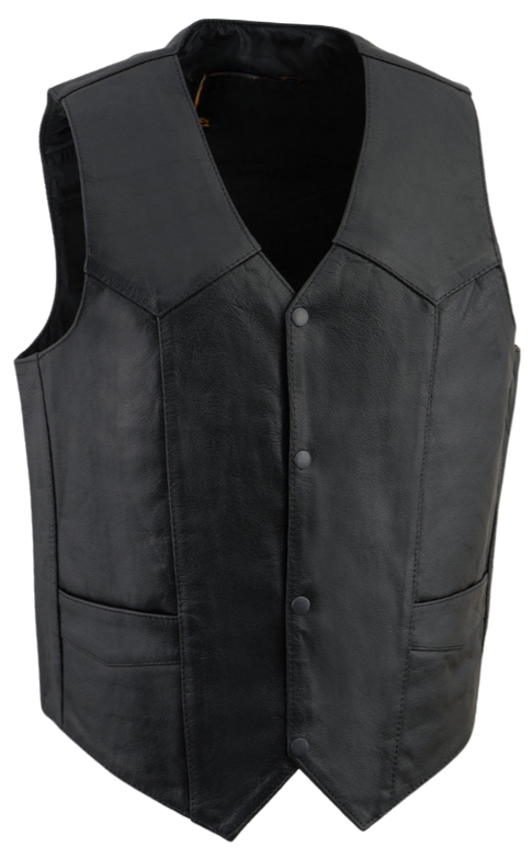 The Walsh is our Basic Black thinnest leather vest with snap closure, perfect for warmer weather. It features 2 inside pockets and 2 on the front bottom, with solid sides and a 3 panel back. Come visit our leather shop in Smyrna, TN, near Nashville, to purchase this stylish vest in sizes XS to 7X.