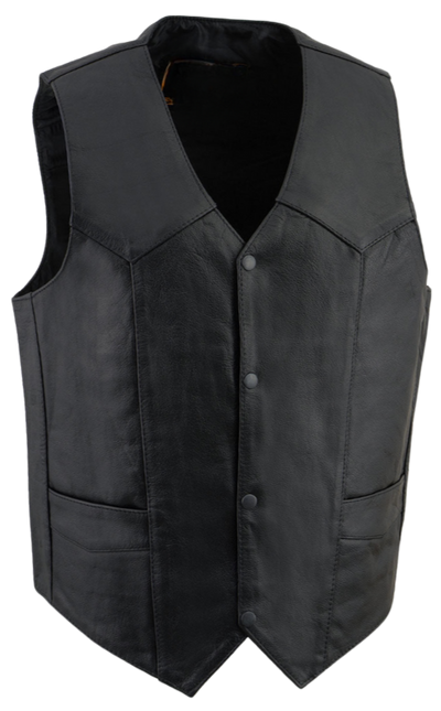 Our Basic Black leather vest with snap closure is our thinnest and perfect for warmer weather. It features 2 inside pockets and 2 on the front bottom, with solid sides and a 3 panel back. Come visit our leather shop in Smyrna, TN, near Nashville, to purchase this stylish vest in sizes small to 5x.