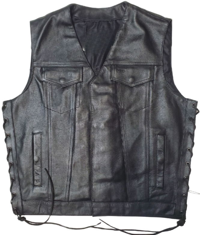 This versatile vest combines the best of Club Style and V-neck designs. Made from durable cowhide, it features side lacing and a convenient snap front closure. Inside, you'll find conceal carry pockets and a 3 panel pack. Stop by our leather shop in Smyrna, TN, near Nashville, to purchase yours in sizes small to 5x.