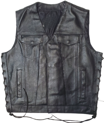 This versatile vest combines the best of Club Style and V-neck designs. Made from durable cowhide, it features side lacing and a convenient snap front closure. Inside, you'll find conceal carry pockets and a 3 panel pack. Stop by our leather shop in Smyrna, TN, near Nashville, to purchase yours in sizes small to 5x.