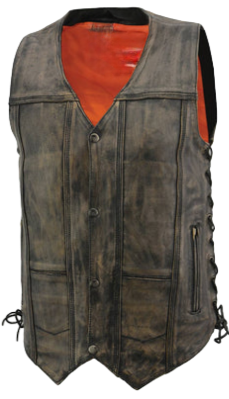 The "Austin"Distressed Brown Premium cowhide leather riding vest with V-neck, Four Snap Front Look w/Side Lacing, snap front closure. Dual Side inside Concealed Weapon pockets, Lower Front Zipper Pockets w/ 2 Coin Pockets. The back is a solid panel.&nbsp; Available in our shop in Smyrna, TN, just outside Nashville in sizes small to 5x.