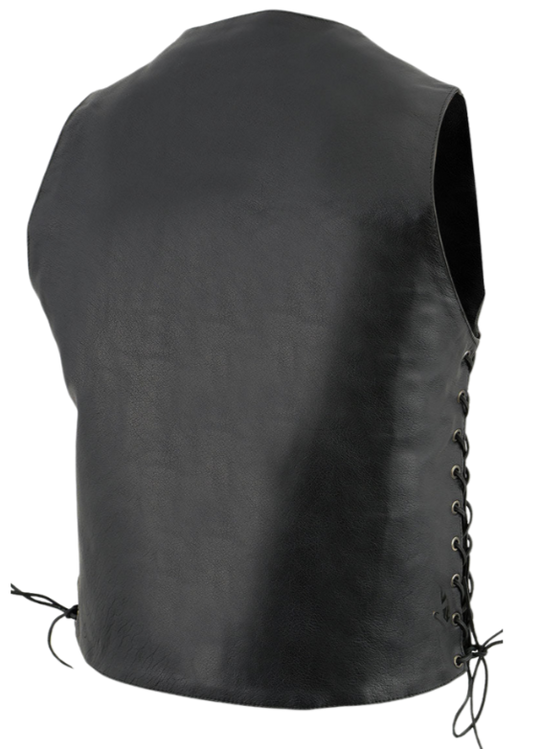 The "Top Biller" TALL 10 Pocket Riding Premium leather riding vest has a traditional style V-neck snap front closure. It has side lace, inside conceal carry pockets, 2 zippered pockets and 2 smaller on the lower front. The back is a solid panel.&nbsp; Available in our shop in Smyrna, TN, just outside Nashville in Sizes S-8X ...Call for sizing above 5X.&nbsp;Single panel back great for patches.