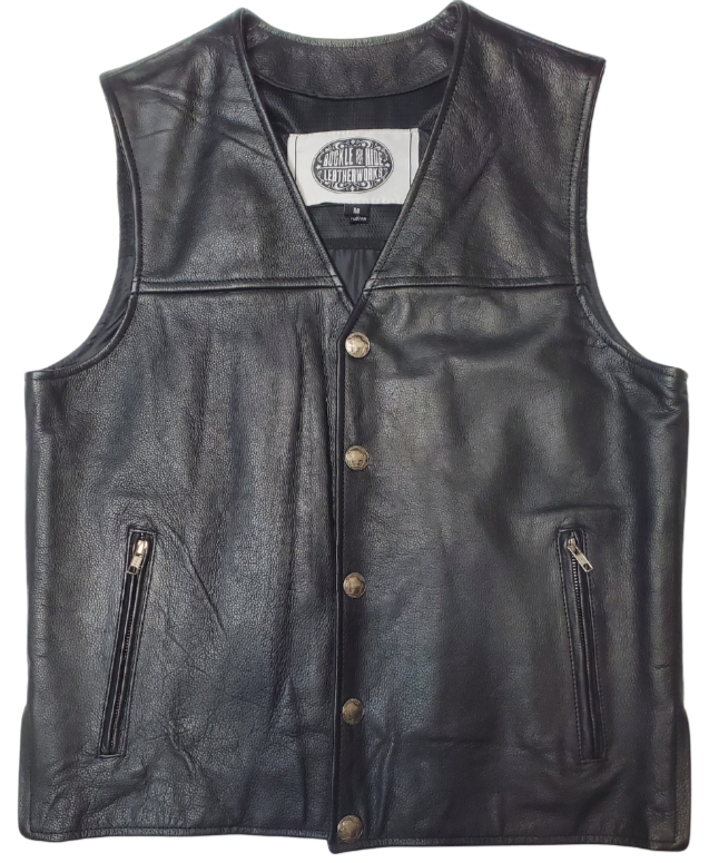 One of the few Solid Side leather vest with a Straight Bottom we stock. The Shiloh is made from soft cowhide and has a v-neck and front Buffalo Nickel design snap closure.&nbsp; It has a solid back and inside concealed carry pockets on the inside front of each side.&nbsp; Available for purchase in our shop in Smyrna, TN outside of Nashville.&nbsp; Available in sizes small to 5x.&nbsp; &nbsp;Classic style whether you ride in ride a Harley or wear boots and a hat.&nbsp;