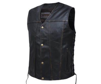 Brown Distressed leather side laced motorcycle riding vest.&nbsp; cowhide and contains conceal carry pockets on front insides. It has a 1 panel pack and snap front closure. It has a Traditional v-neck opening.&nbsp; Available for purchase in our leather shop in Smyrna, TN, near Nashville.&nbsp; Available in sizes small to 5x.