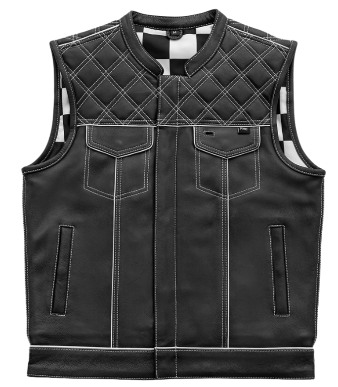 Our White Checker Leather Club Vest is a high-horsepower vest! Crafted from Naked Cowhide and decorated with diamond stitching, these club style vests rock a one inch collar, colored piping, covered snaps, and a cropped center zipper for comfort while riding. The three panel liner is a satin checkerboard fabric. Lots of pockets, including two conceal carry pockets for everything you need to bring. Just a short ride from Nashville. By First Mfg. Available sizing Small to 5XL.