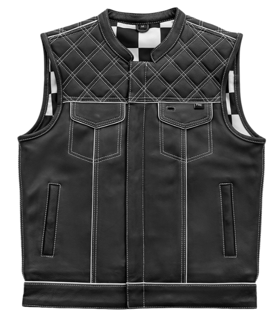 Our White Checker Leather Club Vest is a high-horsepower vest! Crafted from Naked Cowhide and decorated with diamond stitching, these club style vests rock a one inch collar, colored piping, covered snaps, and a cropped center zipper for comfort while riding. The three panel liner is a satin checkerboard fabric. Lots of pockets, including two conceal carry pockets for everything you need to bring. Just a short ride from Nashville. By First Mfg. Available sizing Small to 5XL.