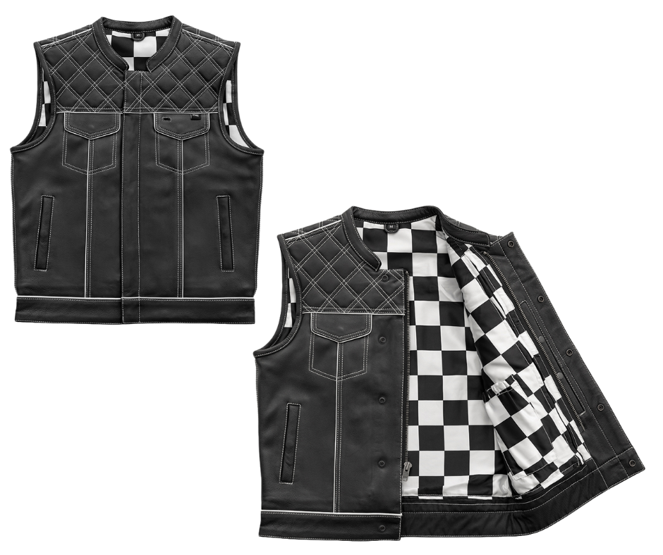 Our White Checker Leather Club Vest is a high-horsepower vest! Crafted from Naked Cowhide and decorated with diamond stitching, these club style vests rock a one inch collar, colored piping, covered snaps, and a cropped center zipper for comfort while riding. The three panel liner is a satin checkerboard fabric. Lots of pockets, including two conceal carry pockets for everything you need to bring. Just a short ride from Nashville. By First Mfg. Available sizing Small to 5XL.