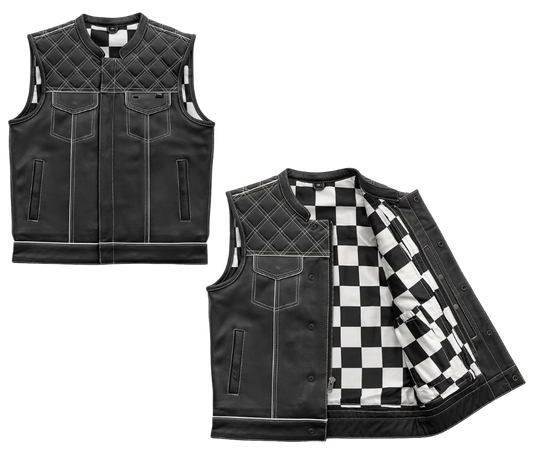 Our White Checker Leather Club Vest is a high-horsepower vest! Crafted from Naked Cowhide and decorated with diamond stitching, these club style vests rock a one inch collar, colored piping, covered snaps, and a cropped center zipper for comfort while riding. The three panel liner is a satin checkerboard fabric. Lots of pockets, including two conceal carry pockets for everything you need to bring. Just a short ride from Nashville. By First Mfg. Available sizing Small to 5XL.