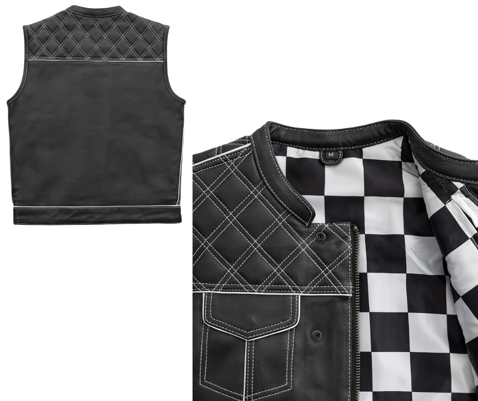 Our White Checker Leather Club Vest is a high-horsepower vest! Crafted from Naked Cowhide and decorated with diamond stitching, these club style vests rock a one inch collar, colored piping, covered snaps, and a cropped center zipper for comfort while riding. The three panel liner is a satin checkerboard fabric. Lots of pockets, including two conceal carry pockets for everything you need to bring. Just a short ride from Nashville. By First Mfg. Available sizing Small to 5XL.