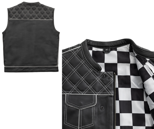 Our White Checker Leather Club Vest is a high-horsepower vest! Crafted from Naked Cowhide and decorated with diamond stitching, these club style vests rock a one inch collar, colored piping, covered snaps, and a cropped center zipper for comfort while riding. The three panel liner is a satin checkerboard fabric. Lots of pockets, including two conceal carry pockets for everything you need to bring. Just a short ride from Nashville. By First Mfg. Available sizing Small to 5XL.