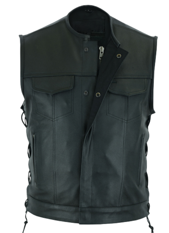 The Blade is our Premium black leather club style vest with Side Lace, a unique feature for Club Style! It has a tab style collar, front snap and zipper closure. It has a solid panel back. It has inside front pockets including a conceal carry pocket on each side. The front has upper flap closure pockets and lower front side zipper pockets. Available for purchase in our shop in Smyrna, TN outside of Nashville. Available in sizes small through 8x.